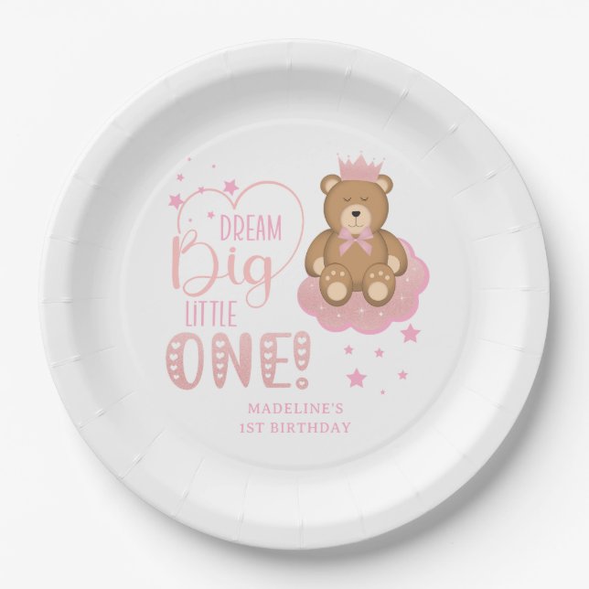Starry Dream Big Little One Sleepy Bear Birthday Paper Plate (Front)