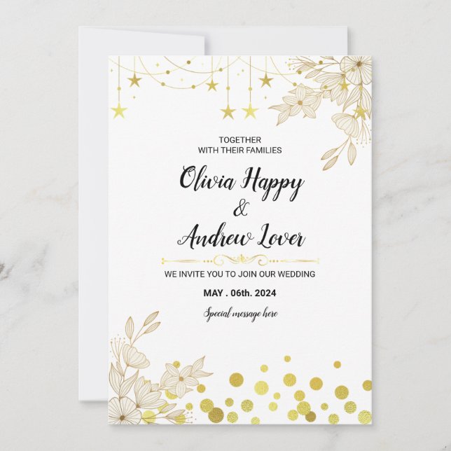 Starry Elegance: gold star, dazzling flowers  Invitation (Front)