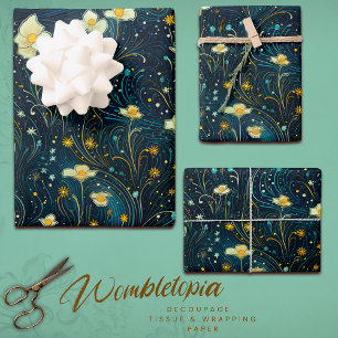 Starry Garden Blooms  Blue, Gold Floral Decoupage Wrapping Paper Sheet