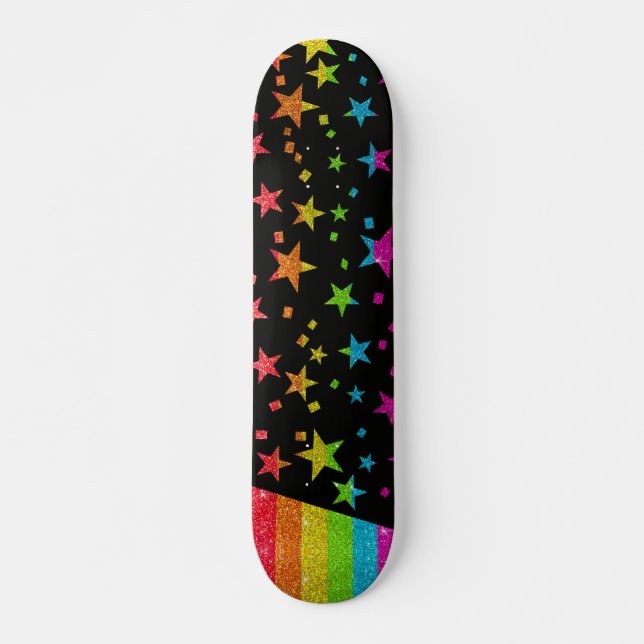 Starry Gay Pride Flag Sparkly Rainbow Glitter Skateboard (Front)
