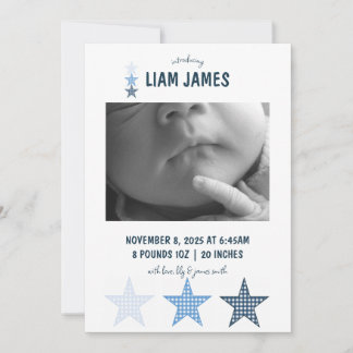 Starry Gingham Baby Boy Birth Announcement Card