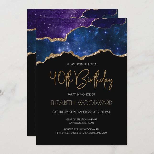 Starry Gold Agate Geode 40th Birthday Party Invitation (Front/Back)