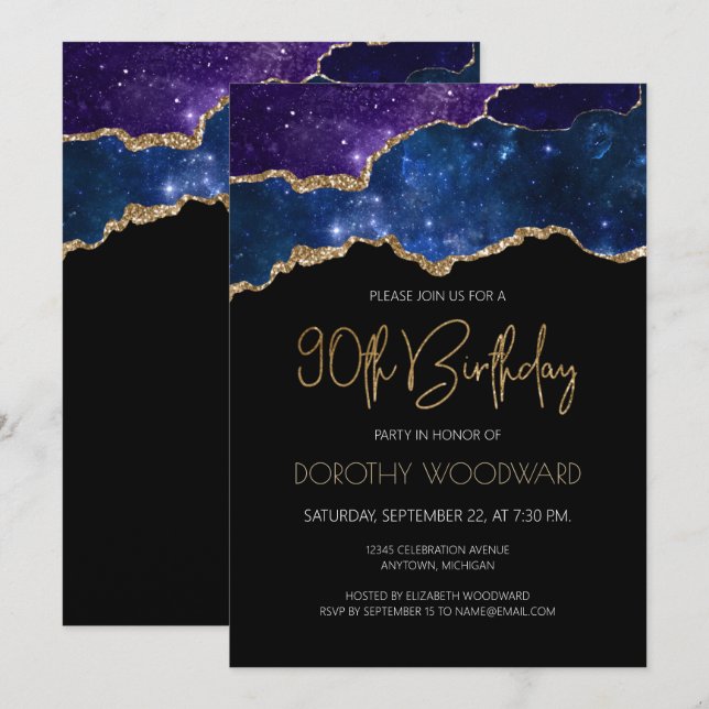 Starry Gold Agate Geode 90th Birthday Party Invitation (Front/Back)