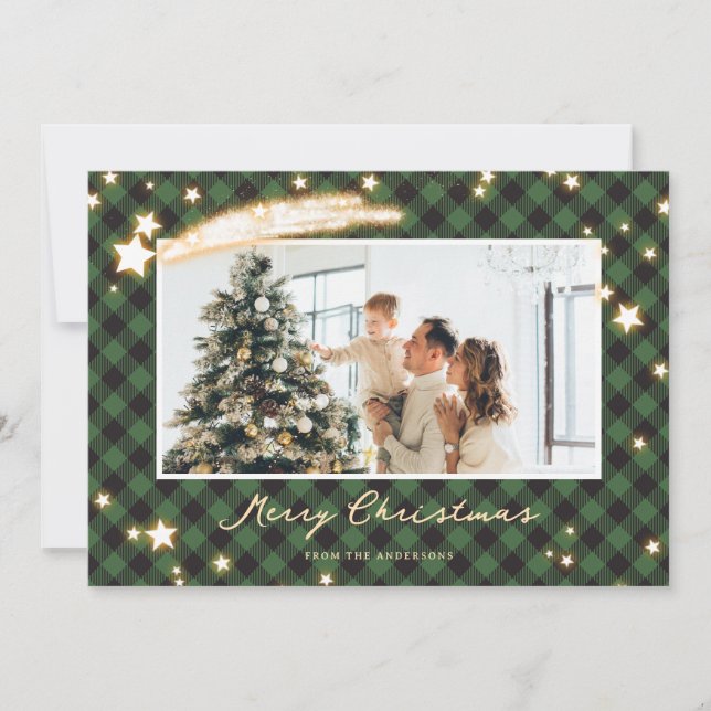 Starry Green Buffalo Plaid Photo Christmas Cards (Front)