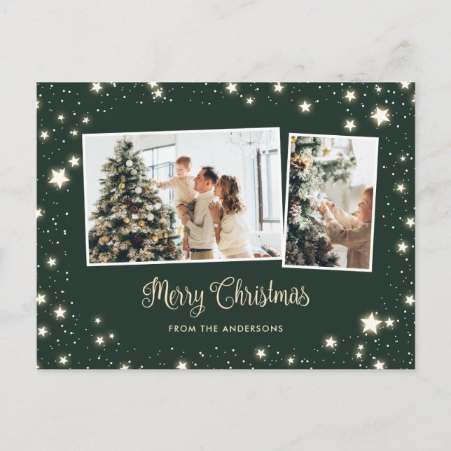 Starry Green Snow 3 Photo Merry Christmas Holiday Postcard (Front)
