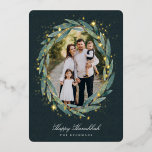 Starry Laurel | Hanukkah Photo Foil Holiday Card<br><div class="desc">Send Hanukkah greetings to friends and family in chic style with our elegant photo cards. Your favourite vertical or portrait orientated image is framed by an oval laurel wreath of green watercolor eucalyptus leaves on a dark forest green background accented with gold foil stars. Personalise with your custom holiday greeting...</div>