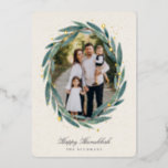Starry Laurel | Hanukkah Photo Foil Holiday Card<br><div class="desc">Send Hanukkah greetings to friends and family in chic style with our elegant photo cards. Your favourite vertical or portrait orientated image is framed by an oval laurel wreath of green watercolor eucalyptus leaves on a warm ivory background accented with gold foil stars. Personalise with your custom holiday greeting and...</div>