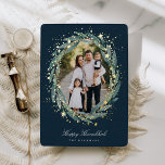 Starry Laurel | Hanukkah Photo Foil Holiday Card<br><div class="desc">Send Hanukkah greetings to friends and family in chic style with our elegant photo cards. Your favourite vertical or portrait orientated image is framed by an oval laurel wreath of green watercolor eucalyptus leaves on a dark navy blue background accented with gold foil stars. Personalise with your custom holiday greeting...</div>