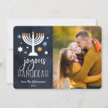 Starry Lights | Hanukkah Photo Card<br><div class="desc">Festive Hanukkah photo card features your favourite photo aligned at the right,  with "joyous Hanukkah" in white lettering on a rich navy blue background adorned with stars and a lit menorah. Personalise with your names and the year.</div>