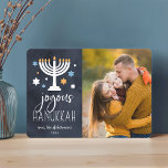 Starry Lights | Hanukkah Photo Card<br><div class="desc">Festive Hanukkah photo card features your favourite photo aligned at the right,  with "joyous Hanukkah" in white lettering on a rich navy blue background adorned with stars and a lit menorah. Personalise with your names and the year.</div>