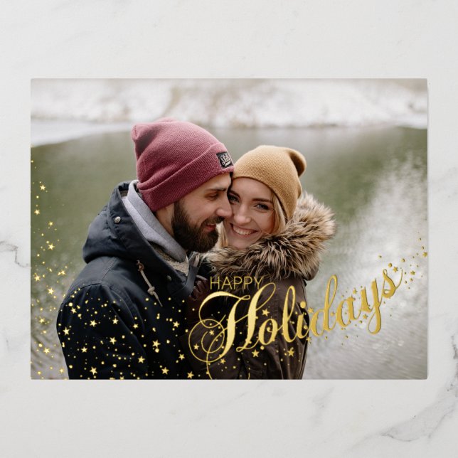 Starry Magical Happy Holidays Typography | 2 Photo Foil Holiday Postcard (Front)