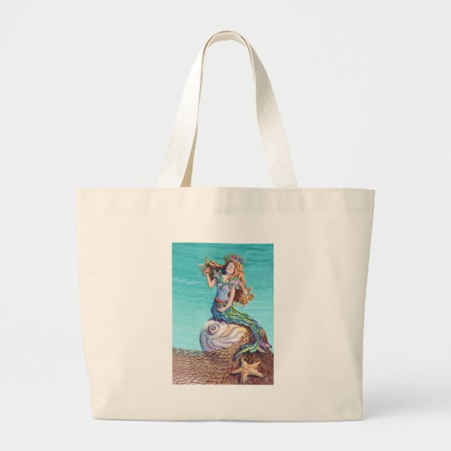 STARRY MERMAID & SHELLS by SHARON SHARPE Large Tote Bag (Front)