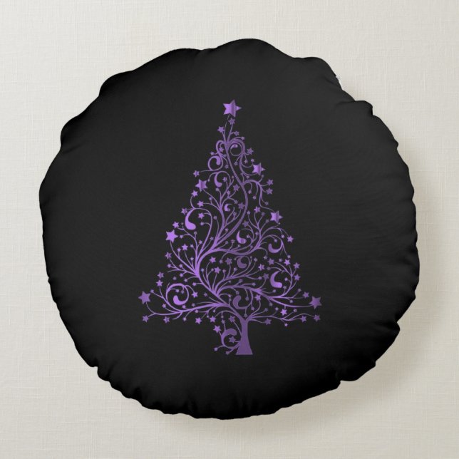 Starry Merry Christmas Tree Black Purple Elegant Round Cushion (Back)