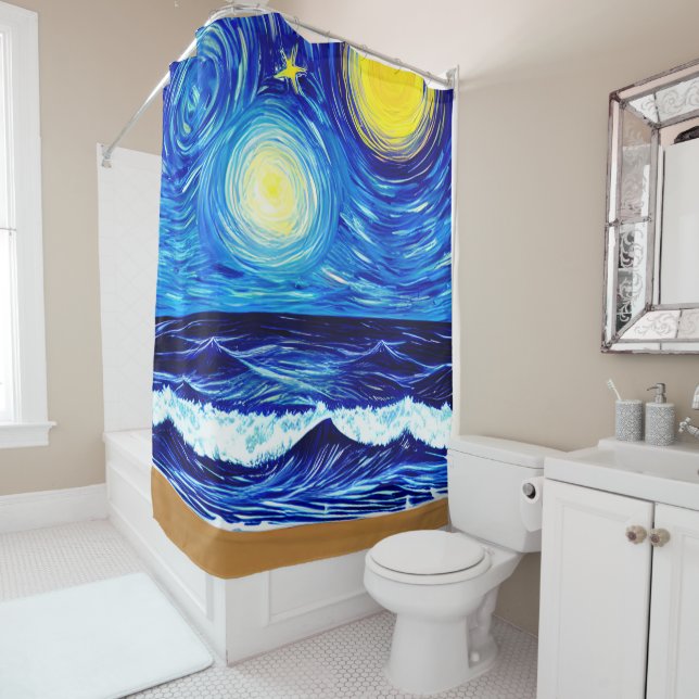 Starry Moon Beach Waves Shower Curtain (In Situ)