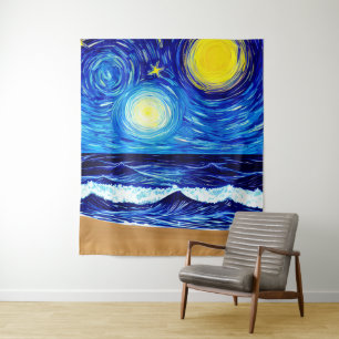 Starry Moon Beach Waves Tapestry