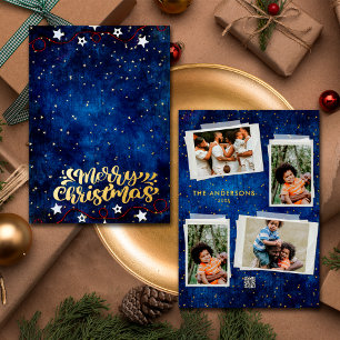 Starry Night 4 Photos Collage Merry Christmas Gold Foil Holiday Card