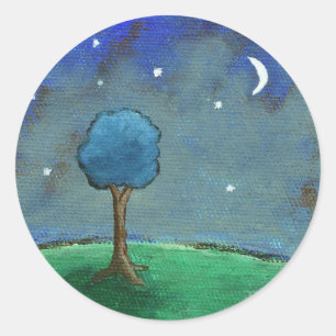 Starry Night, Abstract Landscape Tree Stars Moon Classic Round Sticker