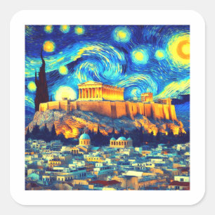 Starry Night Acropolis Athens Greece Square Sticker