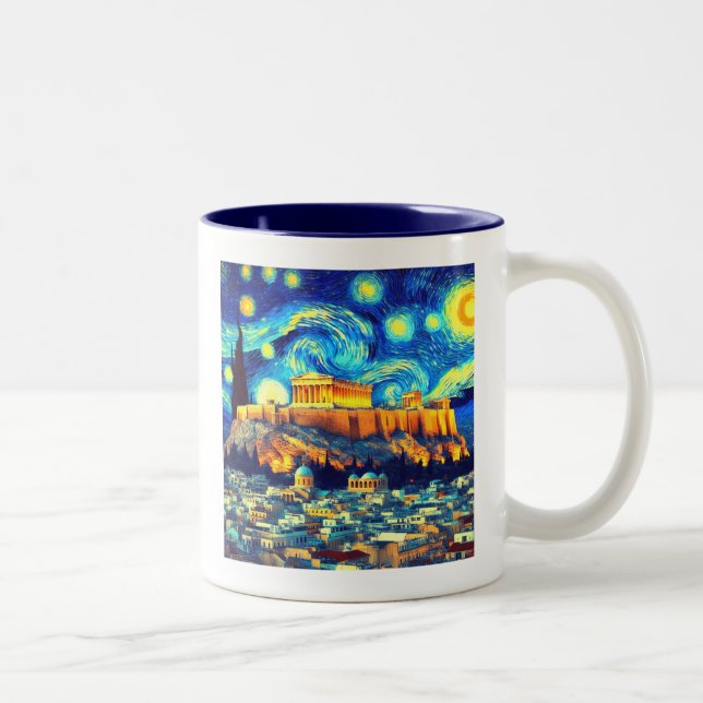 Starry Night Acropolis Athens Greece Two-Tone Coffee Mug (Right)