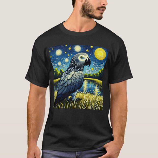 Starry Night African Grey Parrot Van Gogh Bird T-Shirt (Front)