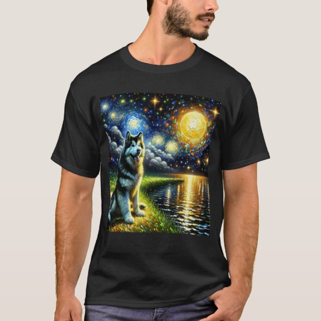 Starry Night Alaskan Malamute Dog Van Gogh Lover 2 T-Shirt (Front)