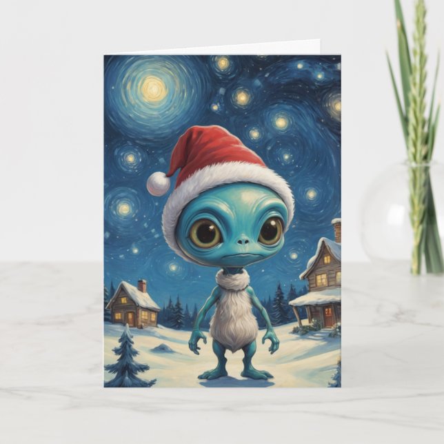 Starry Night Alien Cute Christmas Custom Text Card (Front)