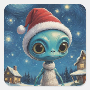 Starry Night Alien Cute Christmas Custom Text Square Sticker