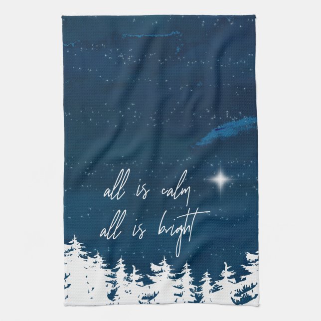 Starry Night All Is Calm All Is Bright Christmas Tea Towel (Vertical)