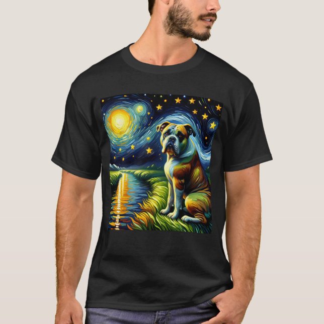 Starry Night American Bulldog Dog Van Gogh Lover T-Shirt (Front)