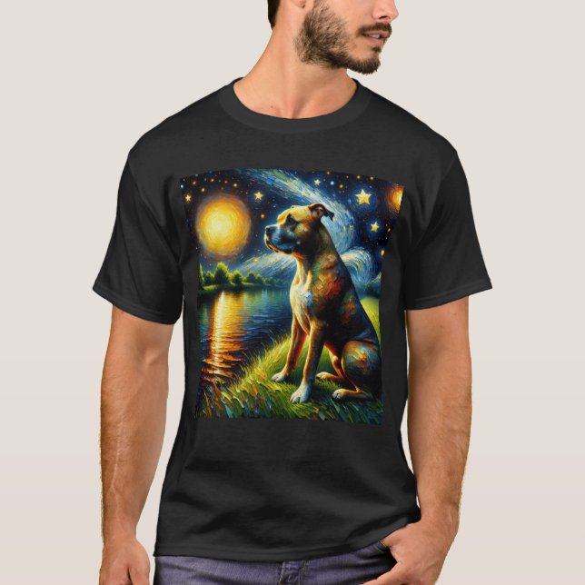Starry Night American Staffordshire Terrier Dog T-Shirt (Front)