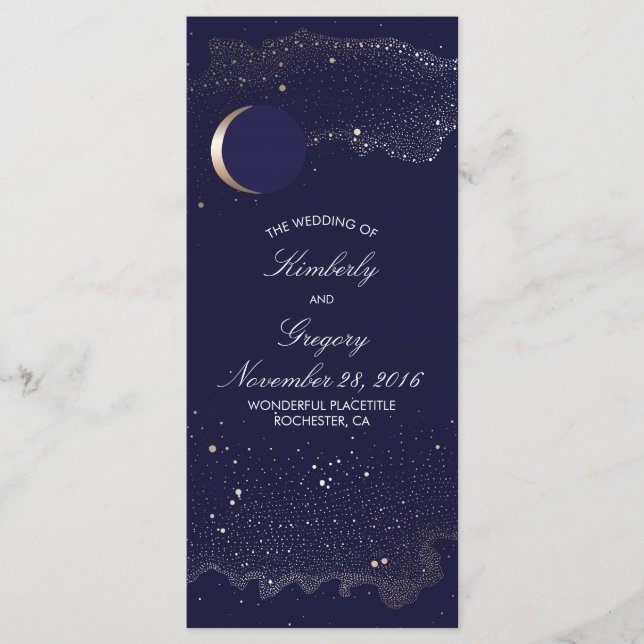 Starry Night and Gold Moon Navy Wedding Programs Programme (Front)