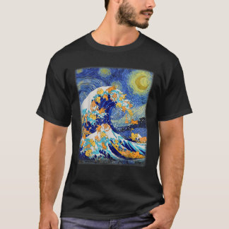 Starry Night and Great Wave Cat Cat Lover Cat Mum  T-Shirt