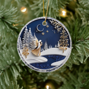 Starry Night Angel in Paper-Cut Style Ceramic Tree Decoration