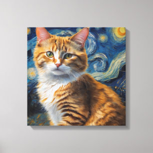 Starry Night Art With a Cat Canvas Print