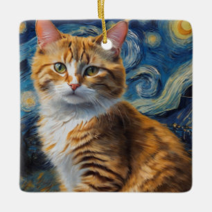 Starry Night Art With a Cat Ceramic Ornament