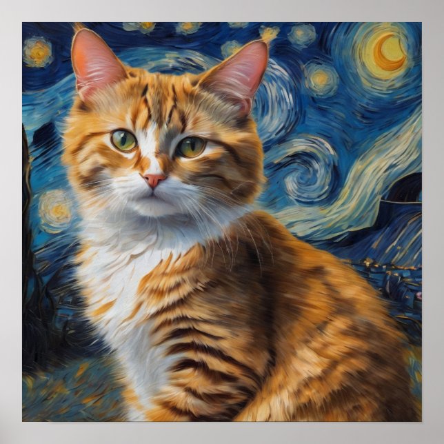 Starry Night Art With a Cat Poster (Front)