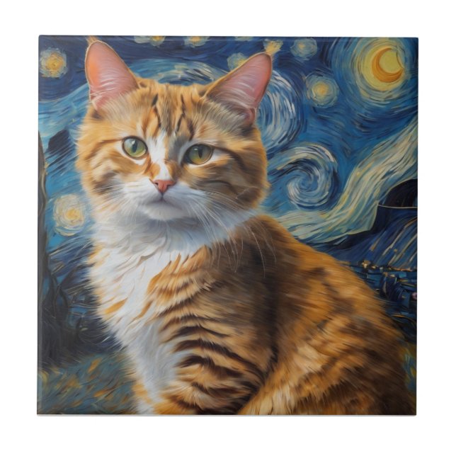 Starry Night Art With a Cat Tile (Front)
