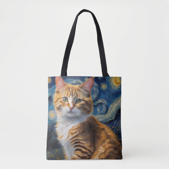 Starry Night Art With a Cat Tote Bag (Front)