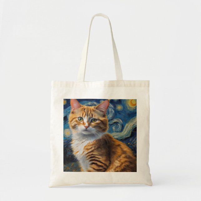 Starry Night Art With a Cat Tote Bag (Front)