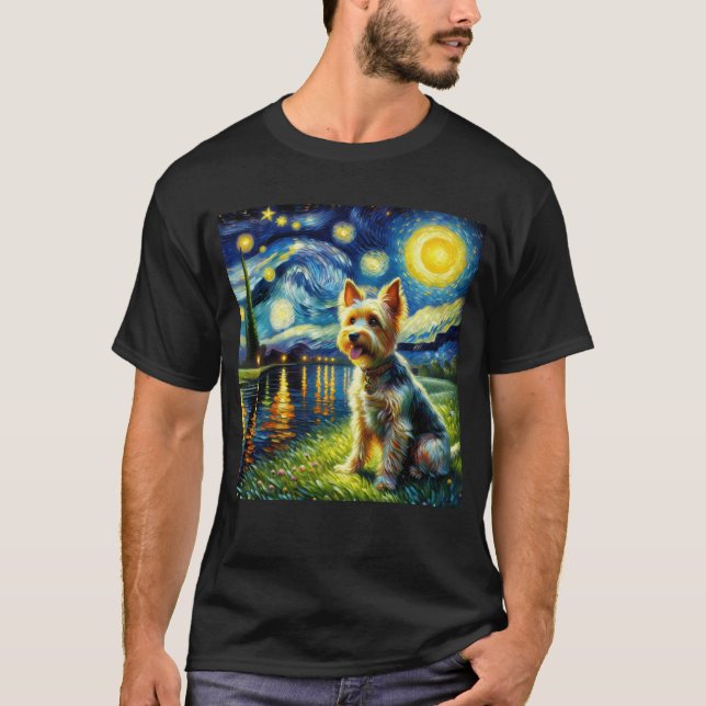 Starry Night Australian Terrier Dog Van Gogh Lover T-Shirt (Front)