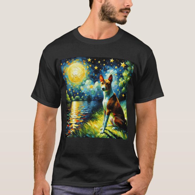 Starry Night Basenji Dog Van Gogh Lover T-Shirt (Front)