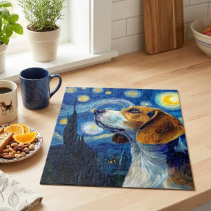 Starry Night Beagle Dog Impressionist Art Jigsaw Puzzle