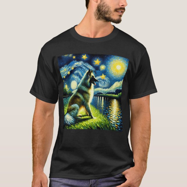 Starry Night Belgian Tervuren Dog Van Gogh Lover T-Shirt (Front)