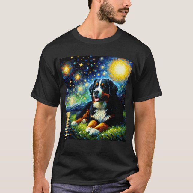 Starry Night Bernese Mountain Dog Van Gogh Lover T-Shirt (Front)