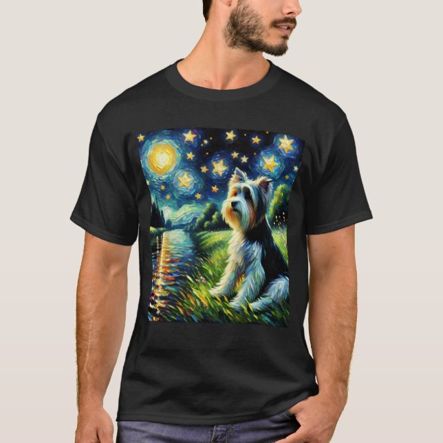 Starry Night Biewer Terrier Dog Van Gogh Lover T-Shirt (Front)