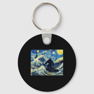 Starry Night Bigfoot Surfing Great Wave Off Kanaga Key Ring