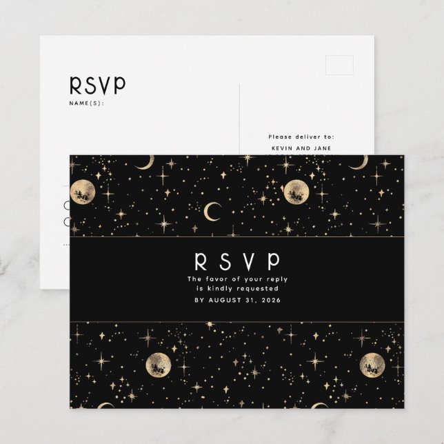 Starry Night Black and Gold Wedding RSVP Postcard (Front/Back)
