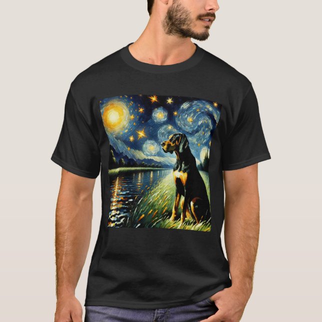 Starry Night Black and Tan Coonhound Dog Van Gogh T-Shirt (Front)
