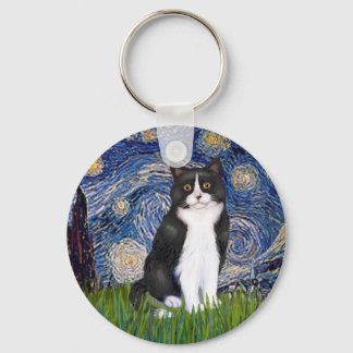 Starry Night - Black and White Cat Key Ring