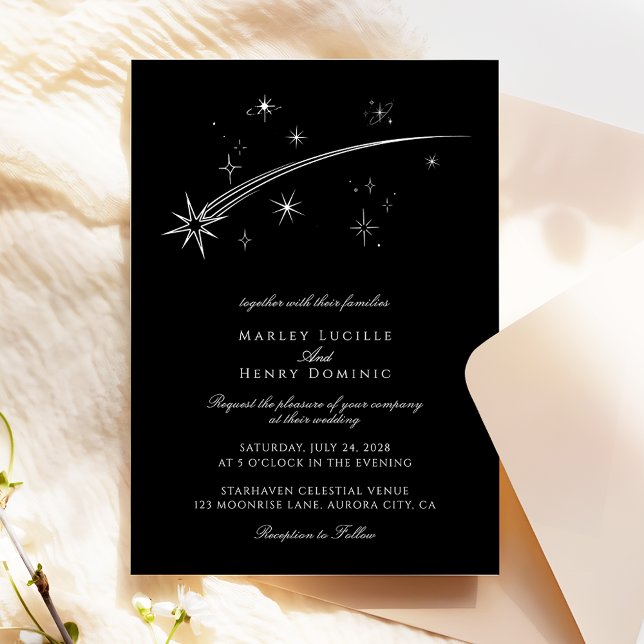 Starry Night Black and White Celestial Wedding Invitation (Creator Uploaded)